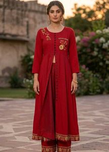 Red Kurta n plazo set with Golden Embroidery