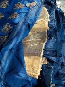 Blue Lehenga With Golden Kurti And Dupatta