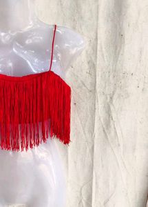 Red Fringe Crop Top with Cowboy Hat