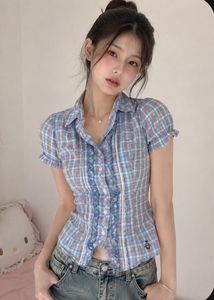 y2k bluewy Plaid Ruffle Button-Up Top