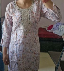 Beige Floral Print Kurta
