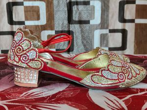 Embellished Red &amp; Gold Flat Shoes