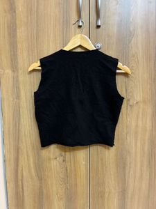 Black Textured Vest V-Neck Crop Top