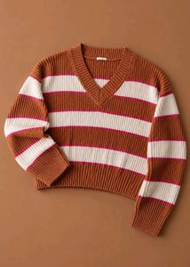 RUST & WHITE STRIPED V-NECK SWEATER