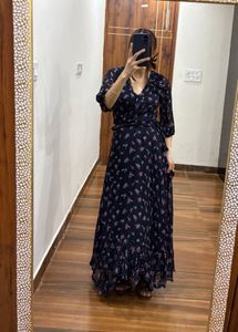 Navy Blue Floral Wrap Maxi Dress