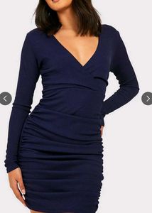 Chic Ruched Navy Blue Wrap Dress