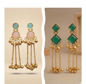 Kashmiri Gungro jumka Green Geometric and Pink Ova
