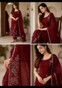 Embellished Red Kurta Set
