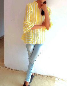 Yellow Striped Ruffled Sleeve Top
