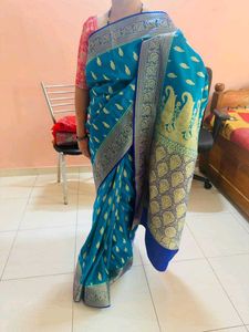 wedding saree with blouse Teal Banarasi Silk Sare