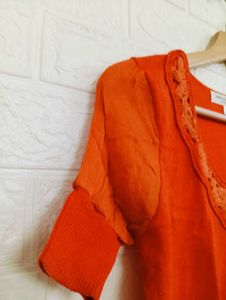 Orange Lace Trim Knit Top