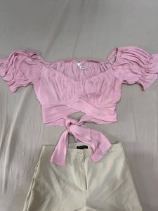 Chic Baby Pink Wrap Top with Puff Sleeves