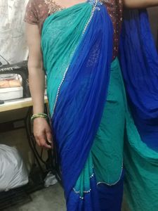 Stylish Dark Blue &amp; Light Green Saree
