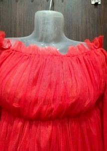 Red Tulle Off-Shoulder Top