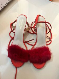 Red Lace-Up Heels with Fur Accent