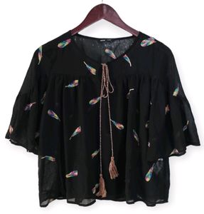 Feather Print Bell Sleeve Top