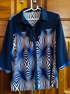 Stylish Blue Geometric Print Button-Up Top