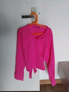 Vibrant Pink Button-Up Tie-Waist Blouse