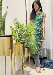 long Green Printed Dress Material