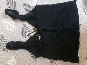 H&amp;M pointelle knit ruffle strap tie back top