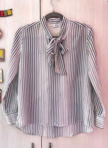 Navy Blue Striped Tie Neck Blouse