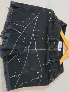 Black Distressed Denim Shorts with White Splatter