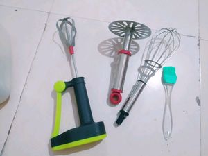 Daily Kitchn Use Combo Of Powerless Blender, Stainless Steel Masher, Wishk, And Brush Pack Of 4