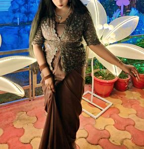 Elegant Brown Ready to Wear Embellished Saree