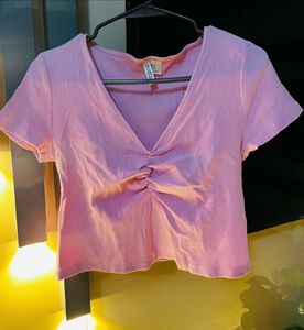 Pink Ruched V-Neck Cropped Top