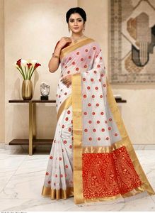 Elegant White Saree with Red & Gold Accents