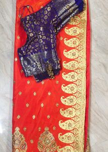 Vibrant Orange Saree with Blouse