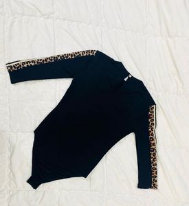Black Bodysuit with Leopard Print Sleeves