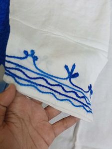 White Kurta with Blue Embroidery