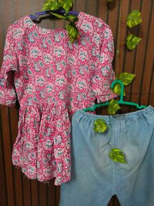 Stylish Pink Printed Kurta with Blue Pants