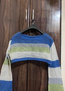 Cropped Mesh Striped Sweater