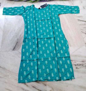 Teal Kurta with Print &amp; Mirror Work