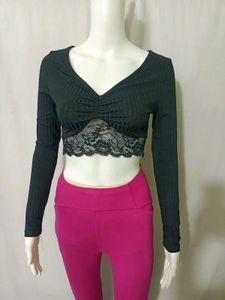 Chic Black Lace Trim Crop Top Fixed Price