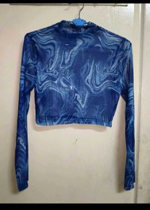 Blue Swirl Mesh Long Sleeve Crop Top