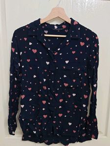 Navy Heart Print Button-Up Shirt