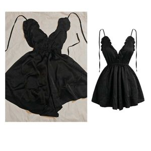 Black Satin Ruffle Babydoll Dress