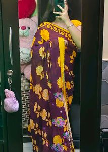 Floral Print Purple &amp; Cream Saree