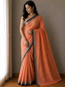 Elegant Orange Cotton Banarasi Checked Saree