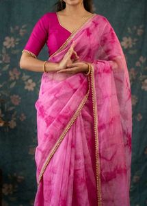 organza pink saree with blouse and fall