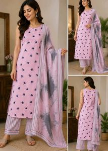Pink Bird Print Dress &amp; Scarf Set, kurta has cotto