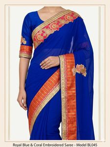 Royal Blue & Coral Embroidered Saree