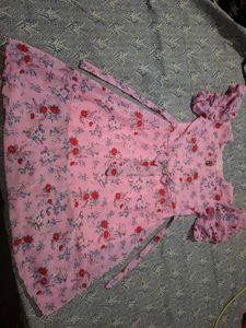 Pink Floral Gown with Ruffle Sleeves