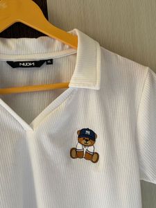 White Ribbed Collared top with Teddy Bear Pat