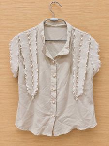 light sage ruffle shirt with pearls