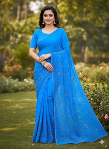 🆕NEW Blue Embroided Saree with Blouse
