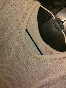 Cream Pearl Embellished Knit Sweater